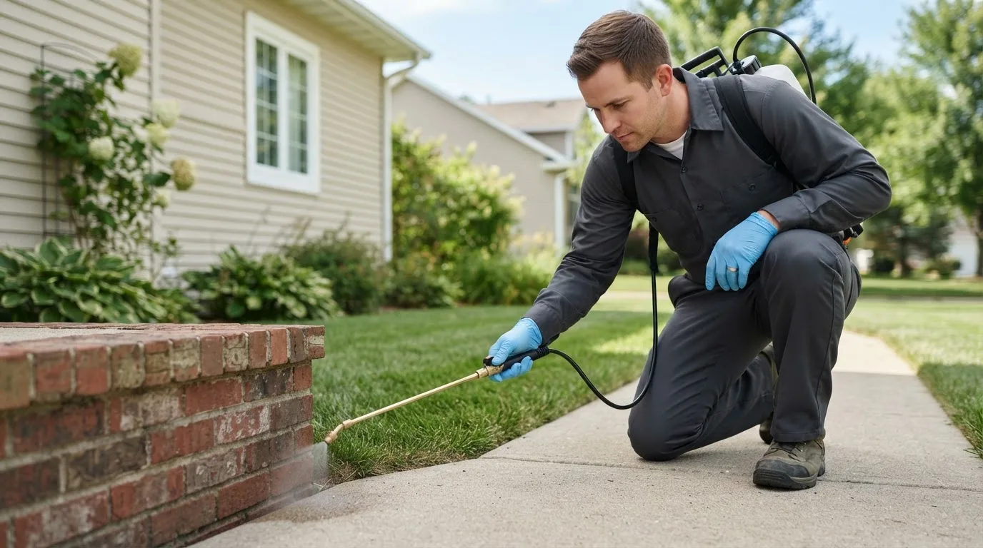 Pest control technician treating a home near Owingsville, KY