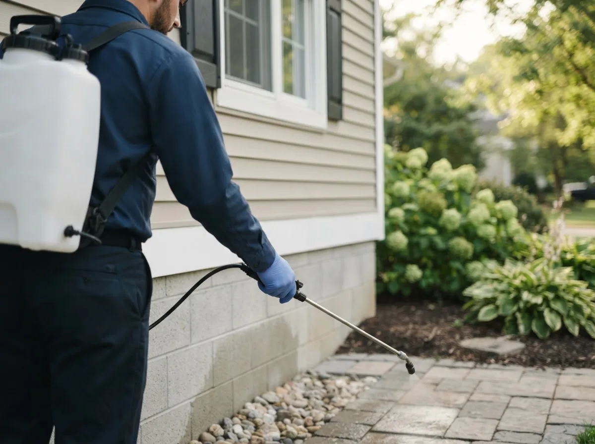 Pest control technician inspecting a home in Owingsville, KY
